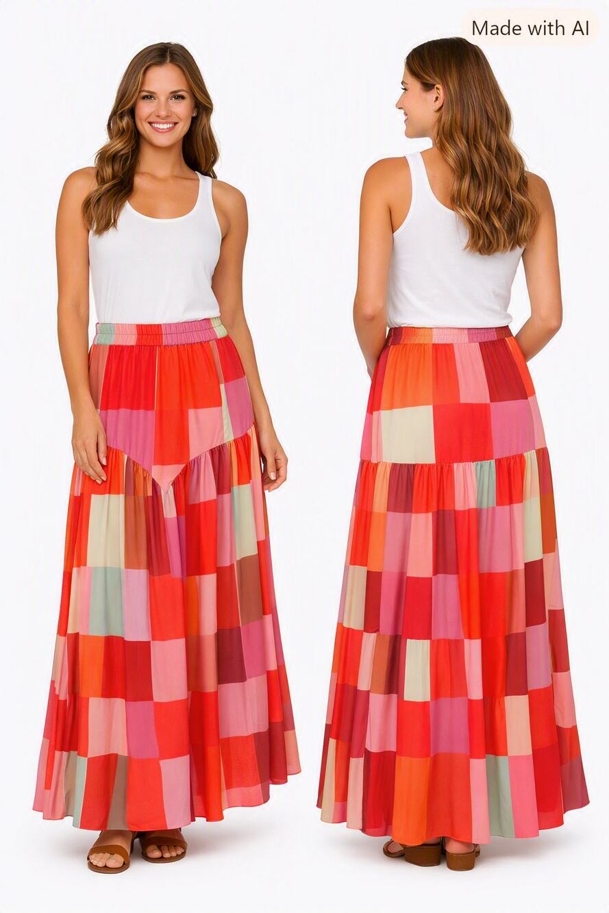 Colorful Patchwork Maxi Skirt – Stretch Waist – 100% Polyester – Medium